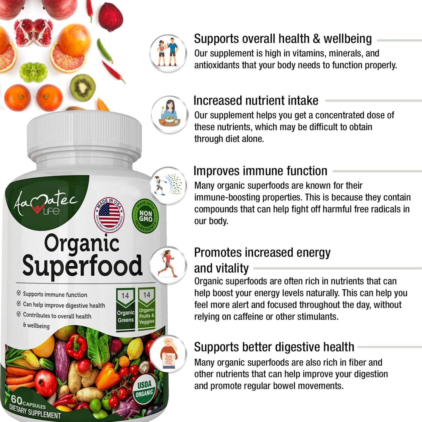 AAMATEC LIFE Organic Superfood Greens Fruits and Veggies Complex - Dietary Supplement with 14 Greens &14 Vegetables with Alfalfa Rich in Antioxidants Organic Ingredients Non-GMO (120 Count Pack of 2) - dailyvitalstore