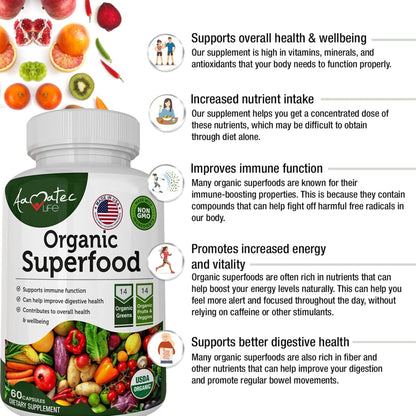 AAMATEC LIFE Organic Superfood Greens Fruits and Veggies Complex - Dietary Supplement with 14 Greens &14 Vegetables with Alfalfa Rich in Antioxidants Organic Ingredients Non-GMO (120 Count Pack of 2) - dailyvitalstore