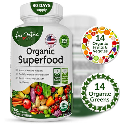 AAMATEC LIFE Organic Superfood Greens Fruits and Veggies Complex - Dietary Supplement with 14 Greens &14 Vegetables with Alfalfa Rich in Antioxidants Organic Ingredients Non-GMO (120 Count Pack of 2) - dailyvitalstore