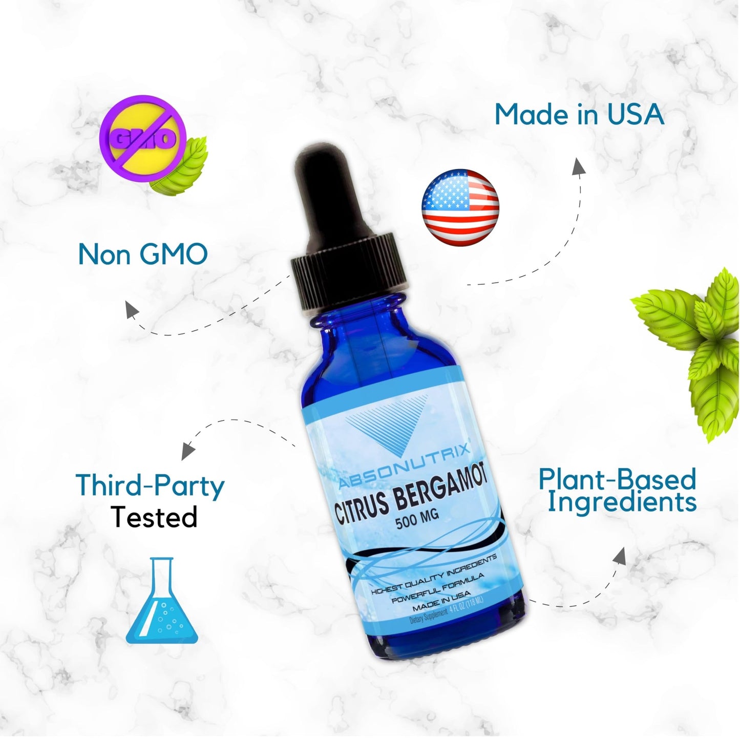 Absonutrix Citrus Bergamot Extract 500 mg, 4 Fl Oz Bottle, 200 Potent Servings, Easy-to-Consume Liquid Drops, Quick Absorption, Gluten-Free, Third-Party Tested - dailyvitalstore