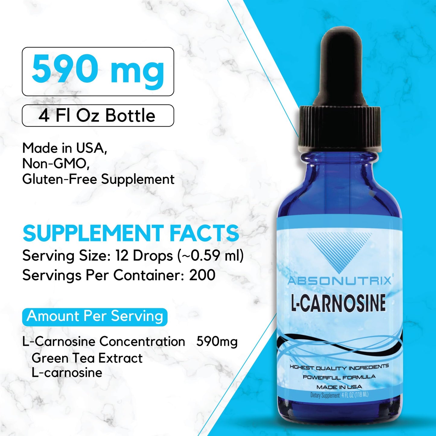 Absonutrix L-Carnosine - 583 mg 4 Oz Bottle, 200 Highly Potent Servings, Easy-to-Consume Drops, High Bioavailability, Third-Party Tested, GMP-Certified, Non-GMO, Cruelty-Free Products, Made in USA - dailyvitalstore
