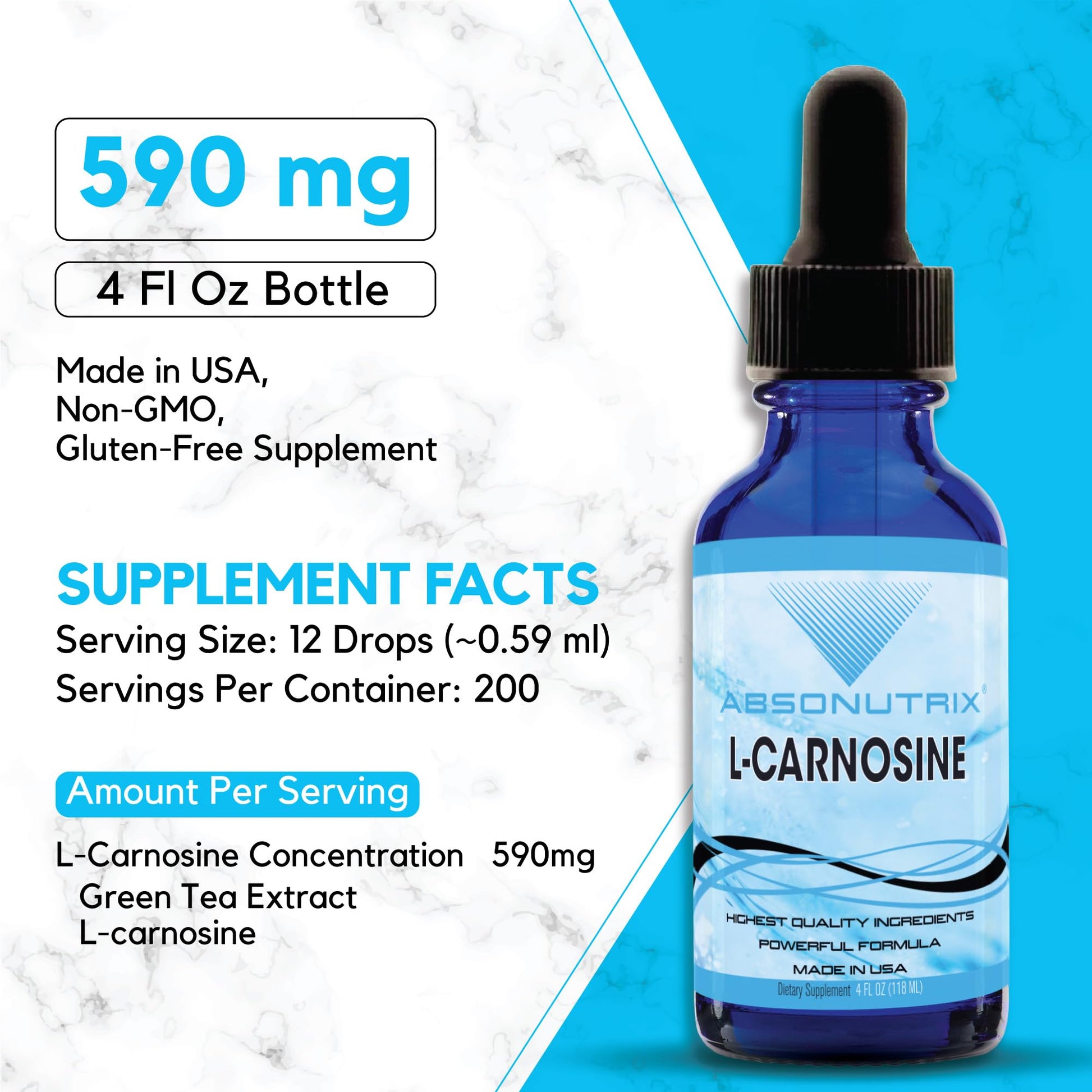 Absonutrix L-Carnosine - 583 mg 4 Oz Bottle, 200 Highly Potent Servings, Easy-to-Consume Drops, High Bioavailability, Third-Party Tested, GMP-Certified, Non-GMO, Cruelty-Free Products, Made in USA - dailyvitalstore