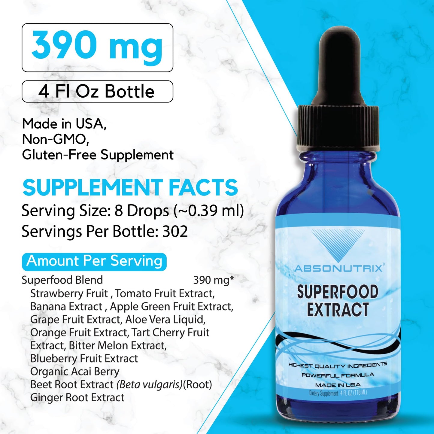 Absonutrix Superfood Extract 390 mg, 4 Oz Liquid, 302 Servings, Made in USA, Quick Absorption, Quality Potent Ingredients, Non-GMO, GMP Certified, Cruelty-Free Products - dailyvitalstore