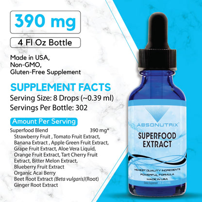 Absonutrix Superfood Extract 390 mg, 4 Oz Liquid, 302 Servings, Made in USA, Quick Absorption, Quality Potent Ingredients, Non-GMO, GMP Certified, Cruelty-Free Products - dailyvitalstore