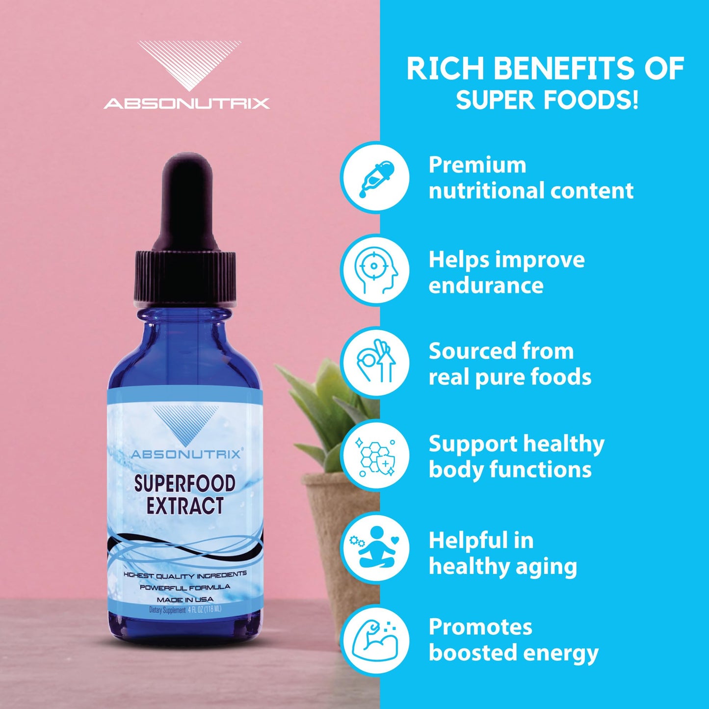 Absonutrix Superfood Extract 390 mg, 4 Oz Liquid, 302 Servings, Made in USA, Quick Absorption, Quality Potent Ingredients, Non-GMO, GMP Certified, Cruelty-Free Products - dailyvitalstore