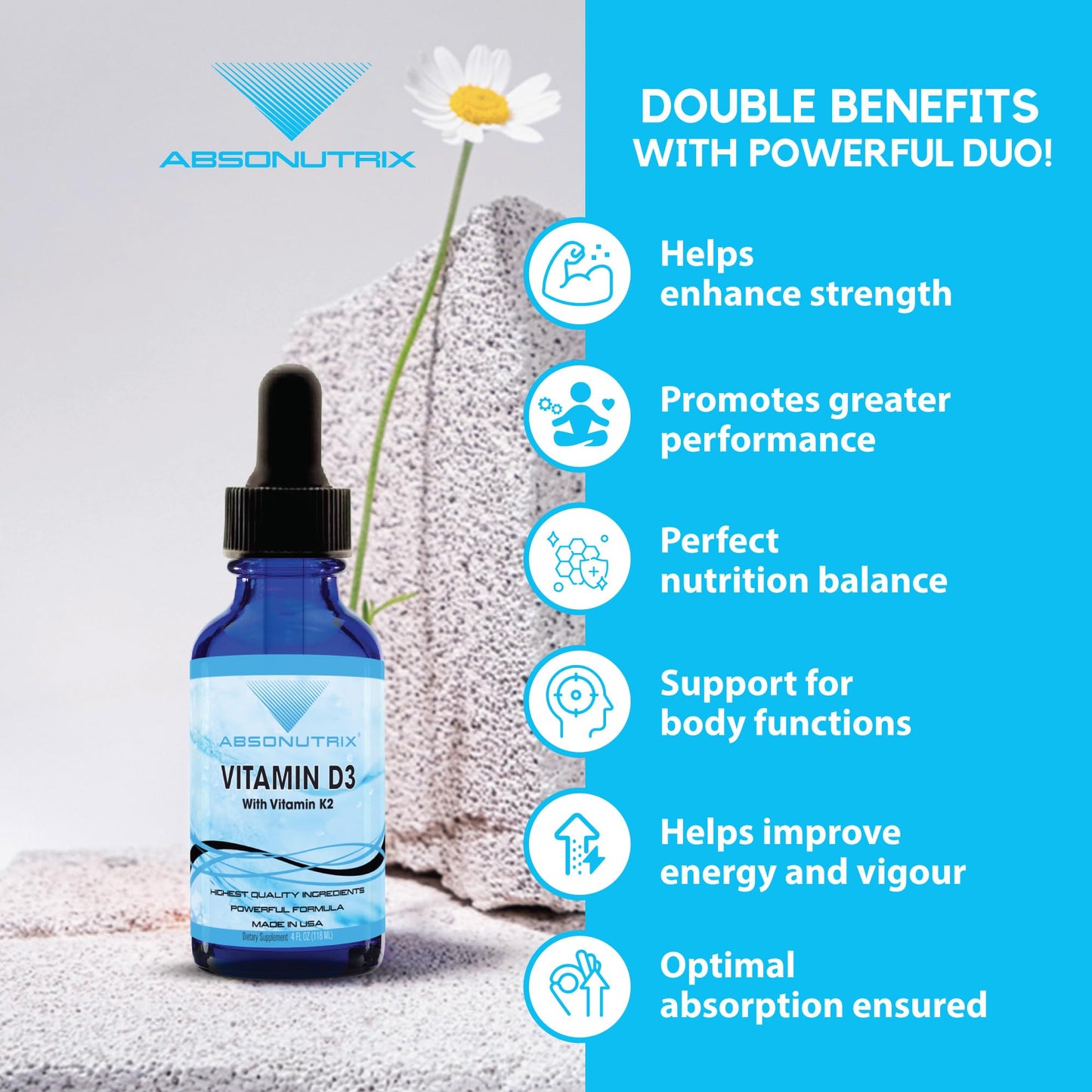Absonutrix Vitamin D3 K2 Drops, 390mg, 4 Oz Liquid, 302 Servings, Made in USA, Quick Absorption, Quality Potent Ingredients, Non-GMO, GMP Certified, Cruelty-Free Products, Bone Strength Supplements - dailyvitalstore