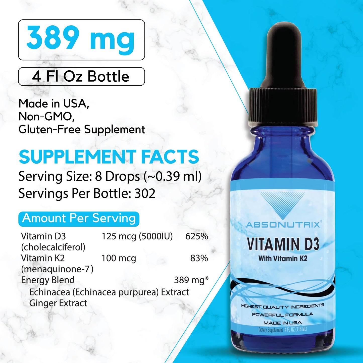 Absonutrix Vitamin D3 K2 Drops, 390mg, 4 Oz Liquid, 302 Servings, Made in USA, Quick Absorption, Quality Potent Ingredients, Non-GMO, GMP Certified, Cruelty-Free Products, Bone Strength Supplements - dailyvitalstore
