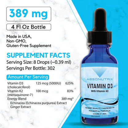 Absonutrix Vitamin D3 K2 Drops, 390mg, 4 Oz Liquid, 302 Servings, Made in USA, Quick Absorption, Quality Potent Ingredients, Non-GMO, GMP Certified, Cruelty-Free Products, Bone Strength Supplements - dailyvitalstore