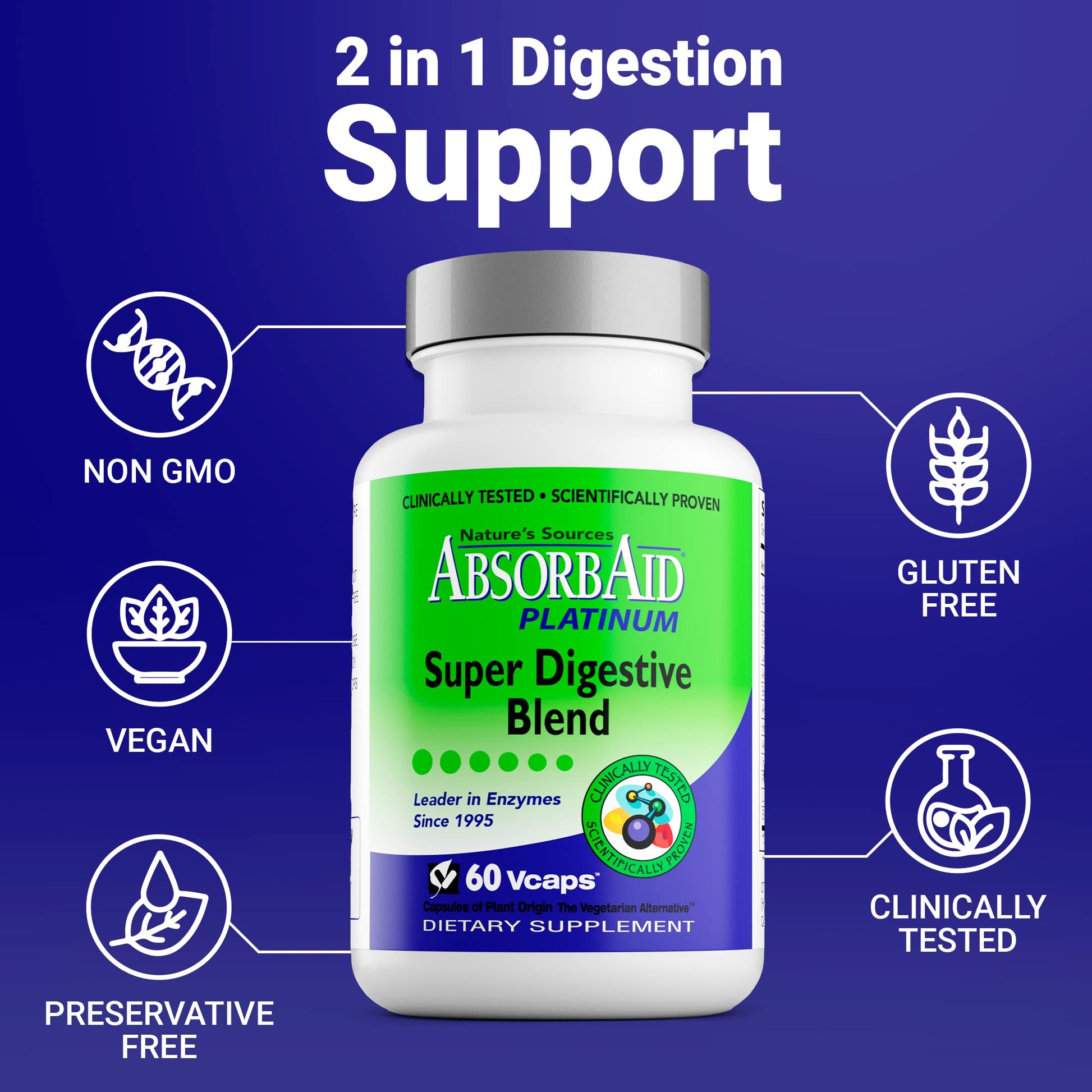 AbsorbAid Platinum Digestive Enzyme Support 60 vCaps, 12 Digestive Enzymes Plus 2 Probiotics for Maximum Relief - dailyvitalstore