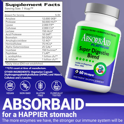 AbsorbAid Platinum Digestive Enzyme Support 60 vCaps, 12 Digestive Enzymes Plus 2 Probiotics for Maximum Relief - dailyvitalstore