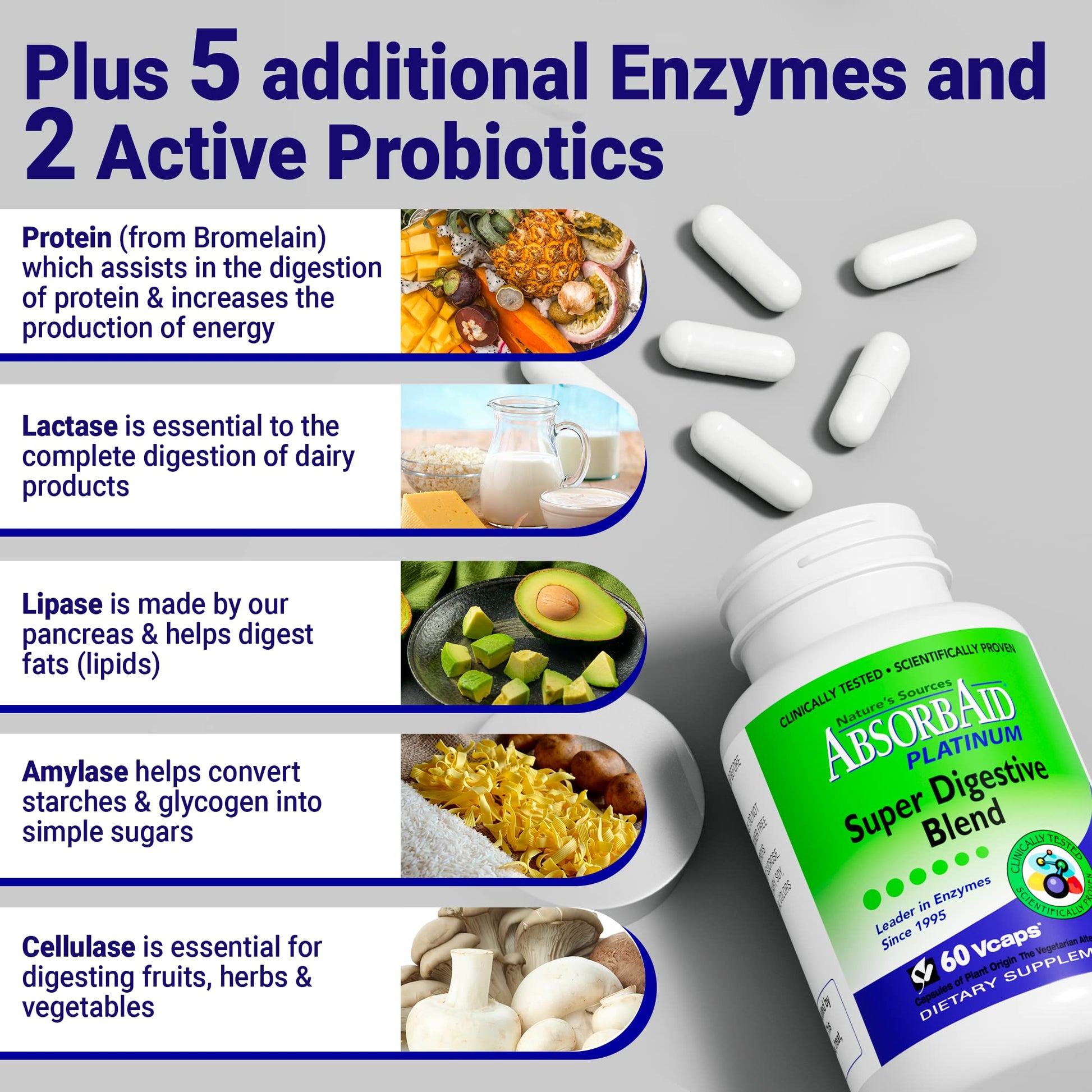 AbsorbAid Platinum Digestive Enzyme Support 60 vCaps, 12 Digestive Enzymes Plus 2 Probiotics for Maximum Relief - dailyvitalstore