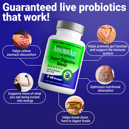 AbsorbAid Platinum Digestive Enzyme Support 60 vCaps, 12 Digestive Enzymes Plus 2 Probiotics for Maximum Relief - dailyvitalstore