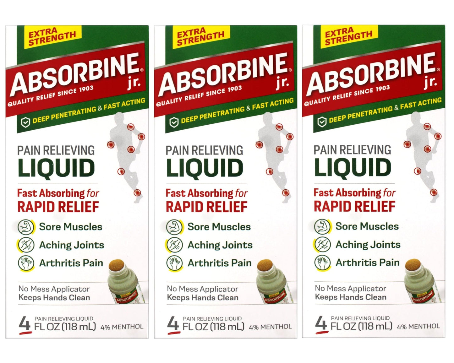 ABSORBINE JR. Extra Strength Pain Relieving Liquid, for Muscle, Joints, Arthritis Pain, with No-Mess Applicator, 4 Oz - 3 Pack - dailyvitalstore