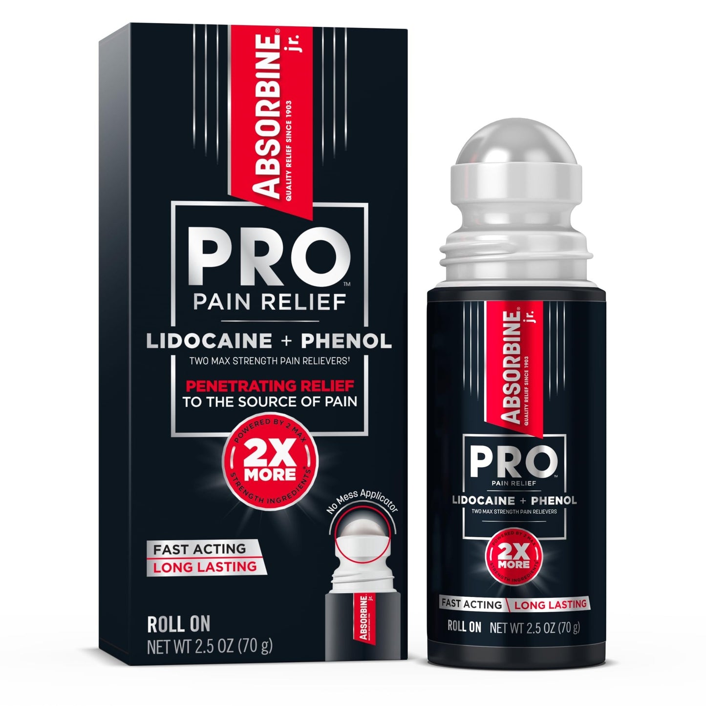 Absorbine Jr. PRO Maximum Strength Lidocaine Roll-On for Targeted Nerve and Muscle Pain Relief, 4% Lidocaine + 1.5% Phenol, Fast Acting & Long Lasting, 2.5 oz - dailyvitalstore