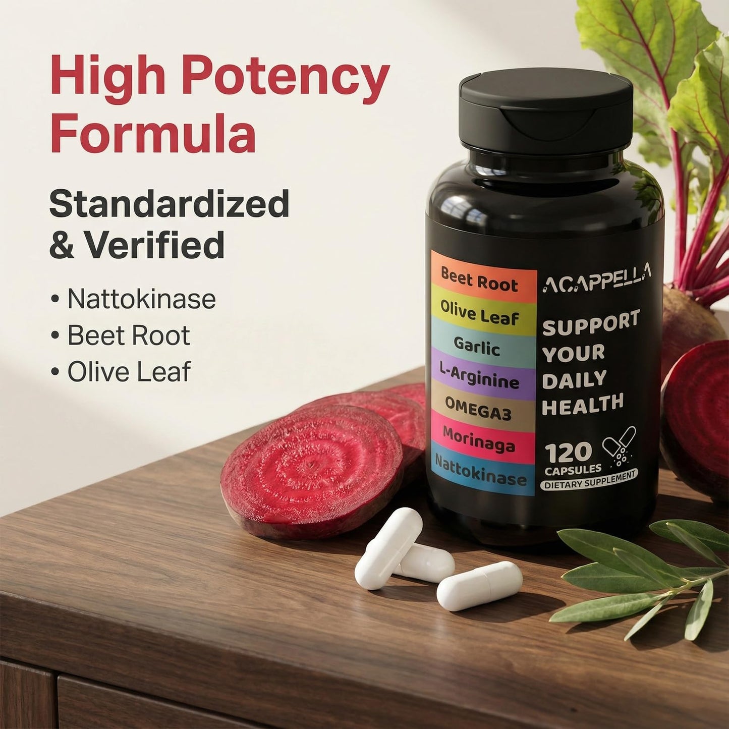 ACAPPELLA Moringa Capsules with Beet Root Capsule Olive Leaf Garlic L-Arginine Omega 3 Nattokinase Supplement - 120 Count - dailyvitalstore