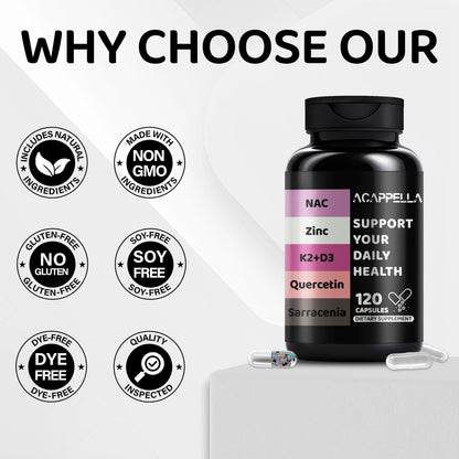ACAPPELLA N-Acetyl Cysteine Vitamin D3 K2 Zinc Quercetin Sarracenia Purpurea NAC Supplement with Elderberry Holy Basil Bee Propolis Bromelain L-Lysin for Men & Women (1) - dailyvitalstore