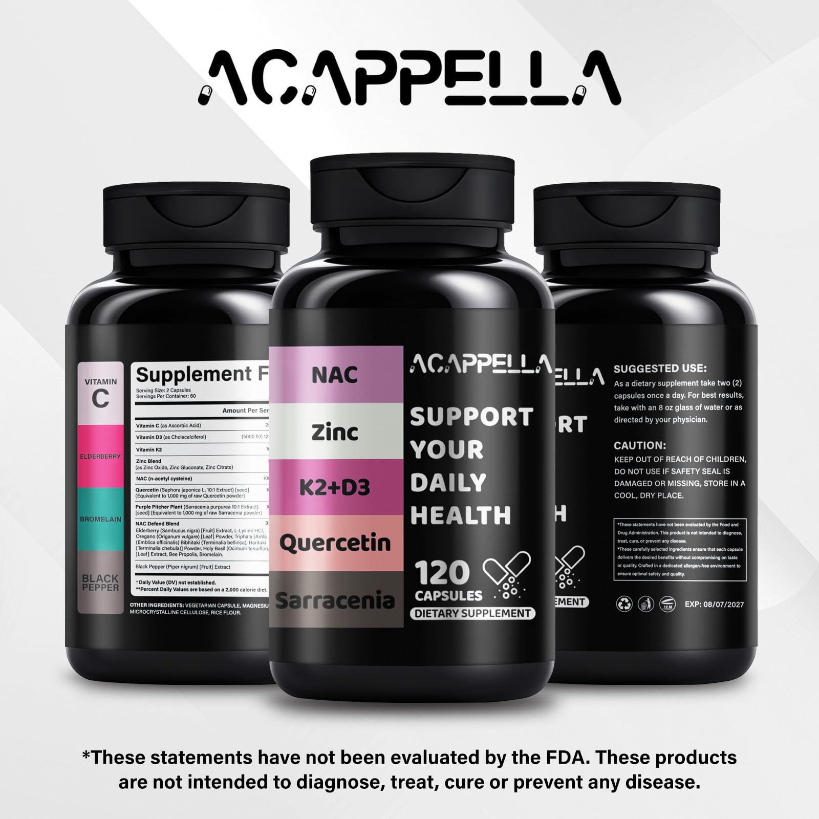 ACAPPELLA N-Acetyl Cysteine Vitamin D3 K2 Zinc Quercetin Sarracenia Purpurea NAC Supplement with Elderberry Holy Basil Bee Propolis Bromelain L-Lysin for Men & Women (1) - dailyvitalstore
