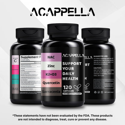 ACAPPELLA N-Acetyl Cysteine Vitamin D3 K2 Zinc Quercetin Sarracenia Purpurea NAC Supplement with Elderberry Holy Basil Bee Propolis Bromelain L-Lysin for Men & Women (1) - dailyvitalstore
