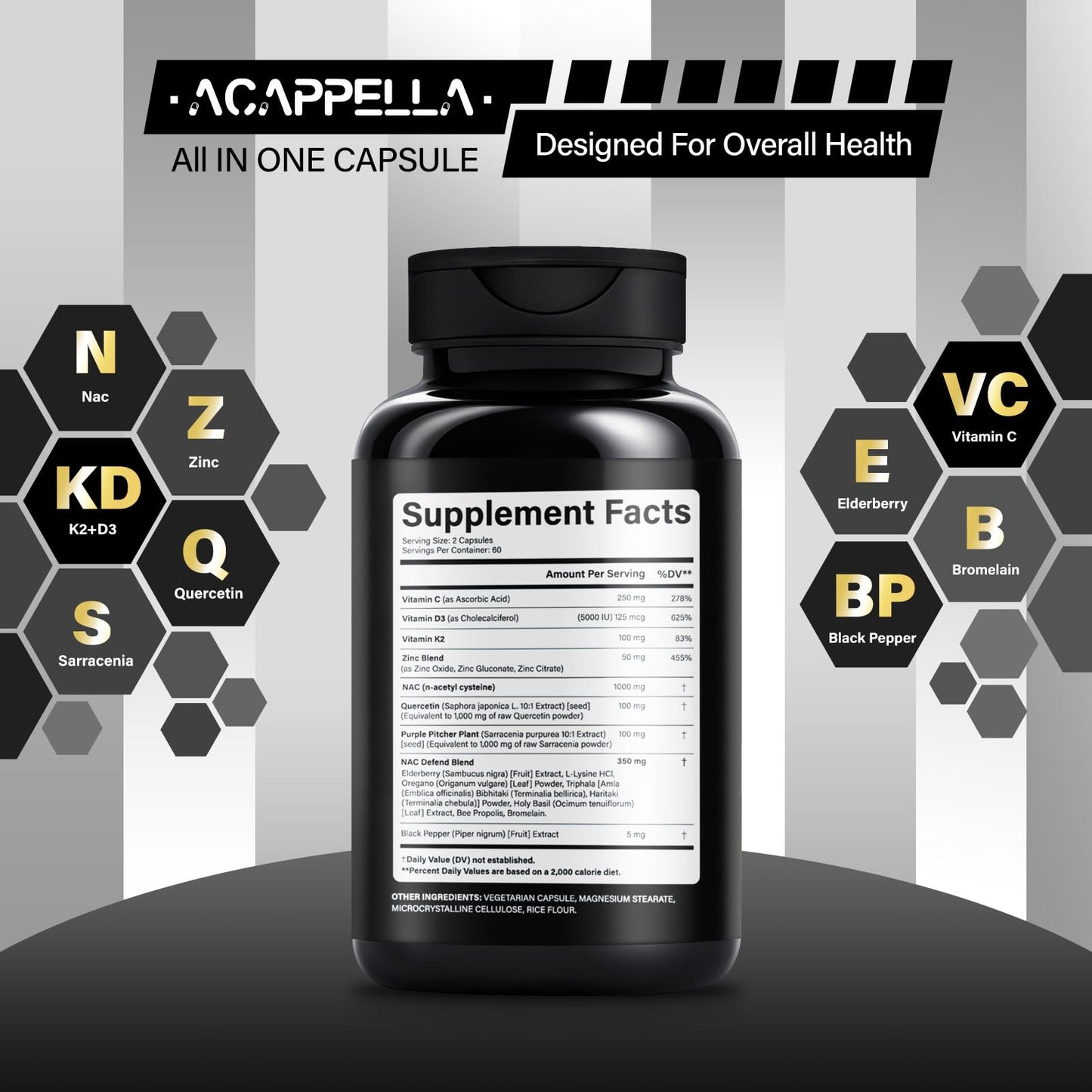 ACAPPELLA N-Acetyl Cysteine Vitamin D3 K2 Zinc Quercetin Sarracenia Purpurea NAC Supplement with Elderberry Holy Basil Bee Propolis Bromelain L-Lysin for Men & Women (1) - dailyvitalstore