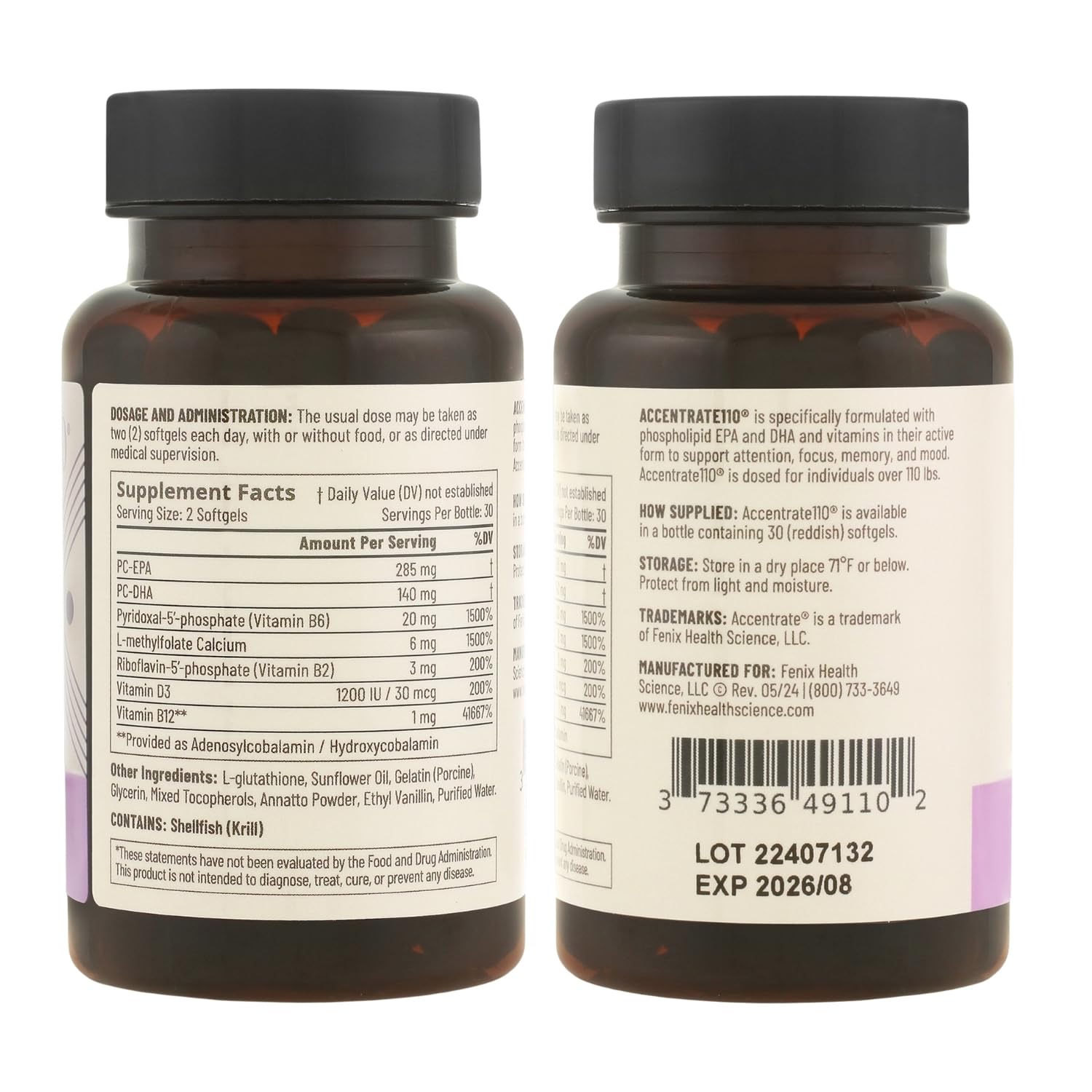 Accentrate110 - Focus Supplement - Methylated Vitamin B Complex with Omega 3 Fatty Acid Supplement - L-Methylfolate, Vitamin B12, P-5-P, Riboflavin, VIT D, – 60 Softgels (1 Month Supply) - dailyvitalstore