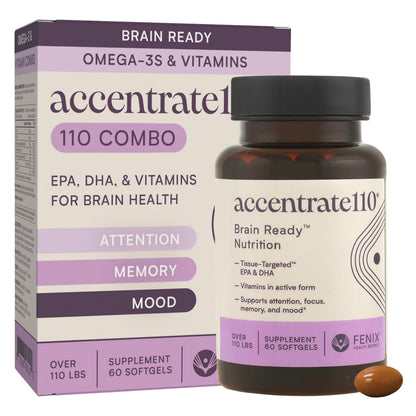 Accentrate110 - Focus Supplement - Methylated Vitamin B Complex with Omega 3 Fatty Acid Supplement - L-Methylfolate, Vitamin B12, P-5-P, Riboflavin, VIT D, – 60 Softgels (1 Month Supply) - dailyvitalstore