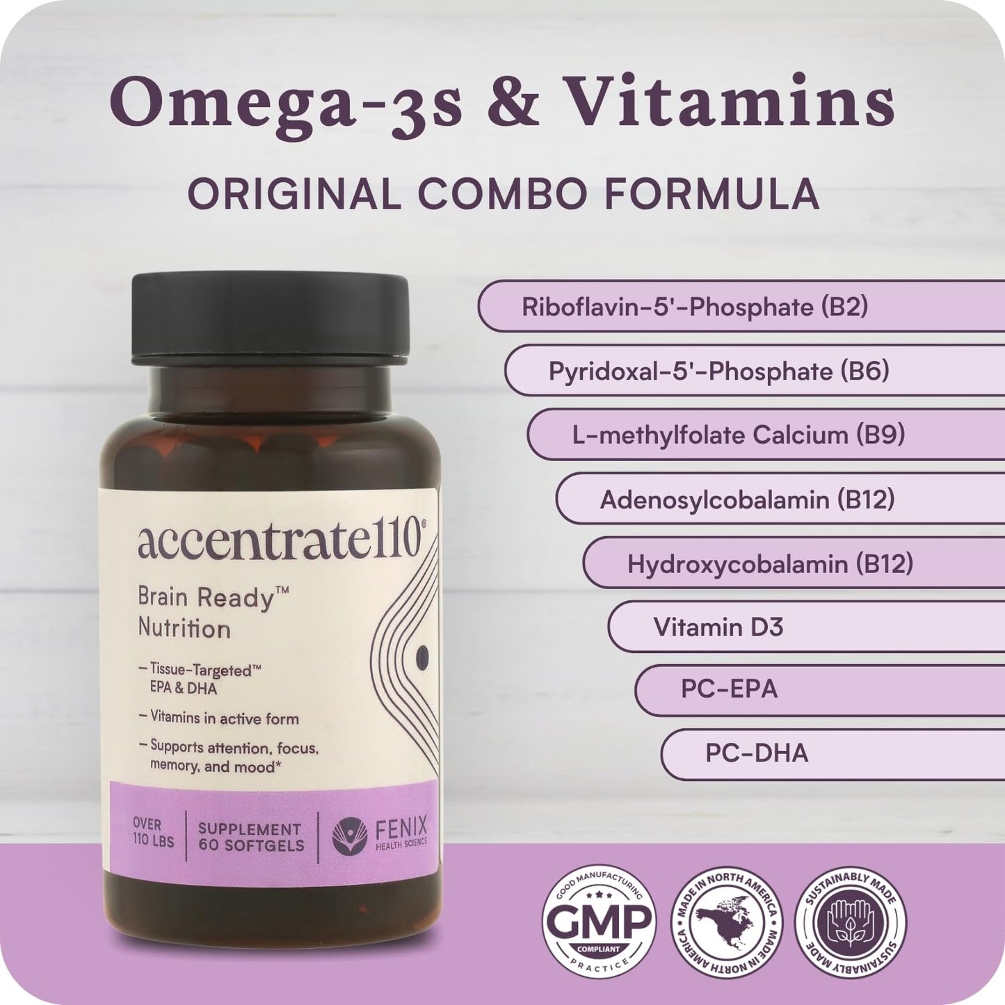 Accentrate110 - Focus Supplement - Methylated Vitamin B Complex with Omega 3 Fatty Acid Supplement - L-Methylfolate, Vitamin B12, P-5-P, Riboflavin, VIT D, – 60 Softgels (1 Month Supply) - dailyvitalstore