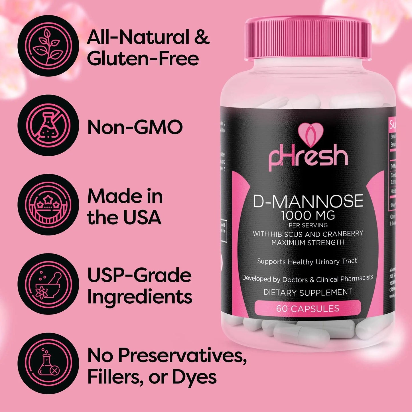 ACE NUTRITION pHresh D-Mannose with Cranberry Capsules for Women and Men, Maximum Strength 1000 mg Per Serving - Supports: Urinary Tract Health - Made in The USA - dailyvitalstore