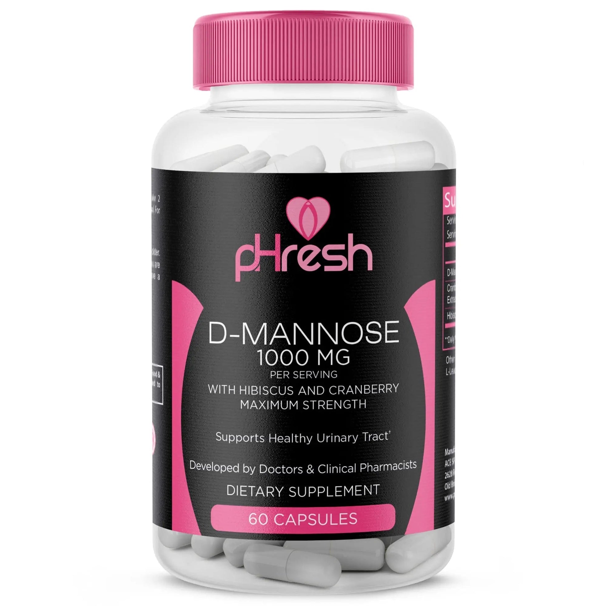 ACE NUTRITION pHresh D-Mannose with Cranberry Capsules for Women and Men, Maximum Strength 1000 mg Per Serving - Supports: Urinary Tract Health - Made in The USA - dailyvitalstore