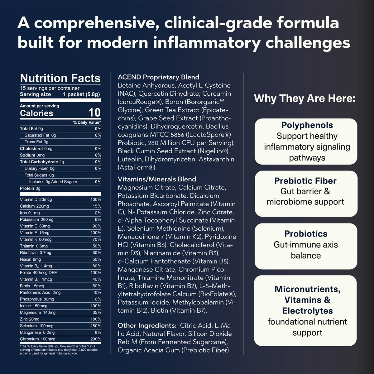 ACEND Advanced Inflammatory Support Powdered Drink Mix | Evidence-Based Polyphenols + Prebiotic Fiber + Probiotics | D3+K2, Minerals & Electrolytes | Non-GMO - dailyvitalstore