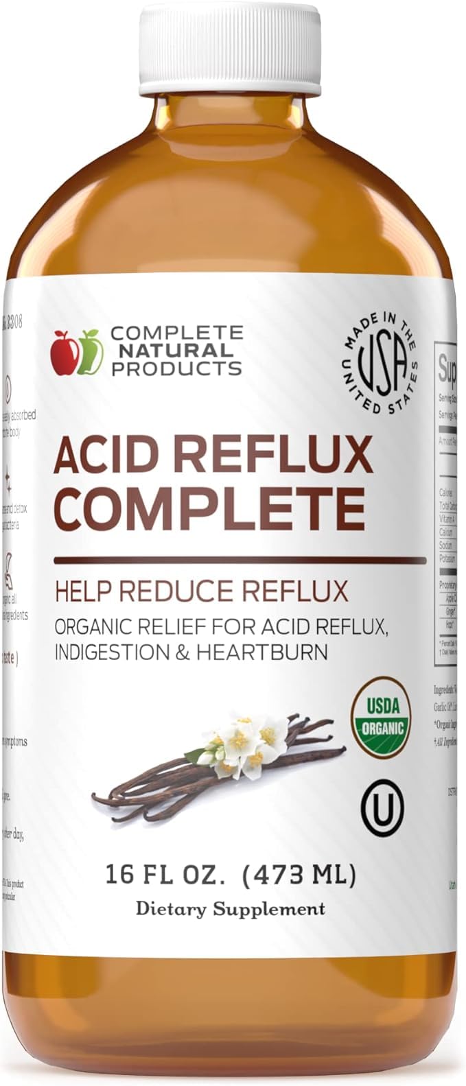 Acid Reflux Relief Liquid 16oz - Organic Heartburn Support Formula, Natural GERD Aid with Aloe Ginger Garlic Vanilla, Fast Absorbing Amish Remedy, Certified Organic Kosher Made in USA Supplement - dailyvitalstore