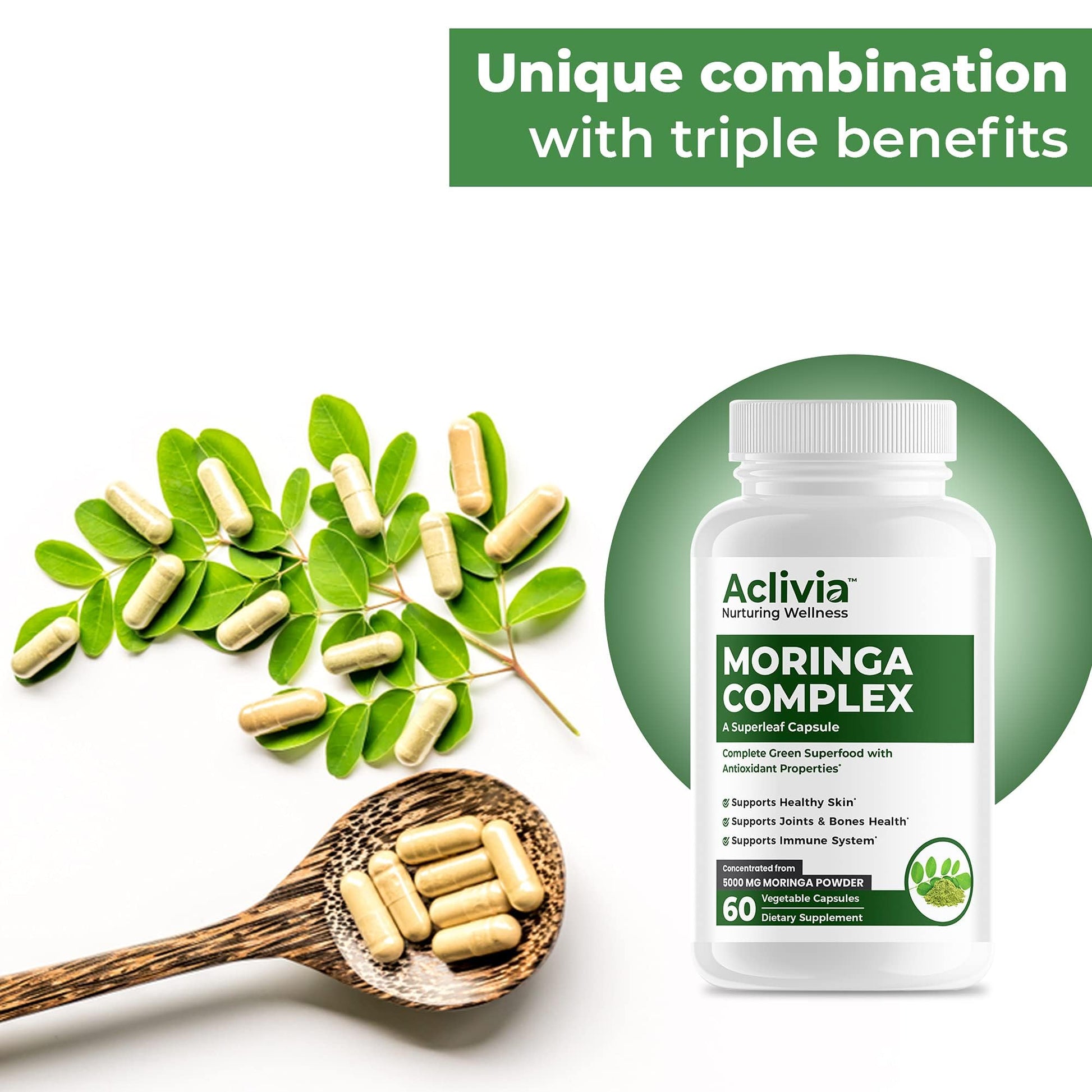 Aclivia - Moringa Complex - Maximum Strength Moringa Oleifera Leaf & Seed Supplement - Superfood Capsules with Antioxidant Properties - 5000mg - 60 Capsules - dailyvitalstore