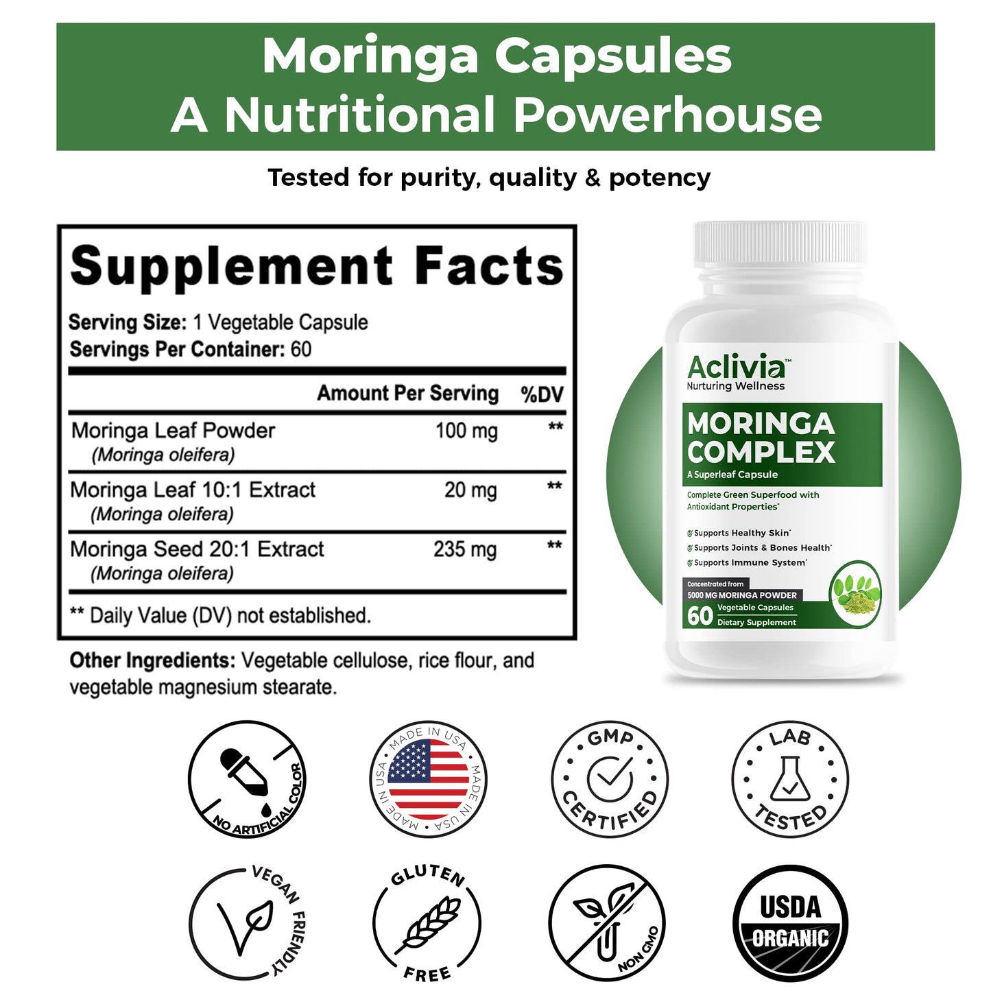 Aclivia - Moringa Complex - Maximum Strength Moringa Oleifera Leaf & Seed Supplement - Superfood Capsules with Antioxidant Properties - 5000mg - 60 Capsules - dailyvitalstore