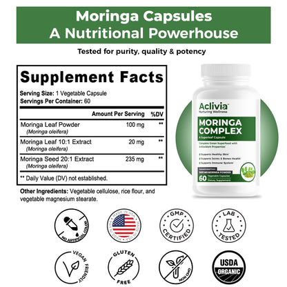 Aclivia - Moringa Complex - Maximum Strength Moringa Oleifera Leaf & Seed Supplement - Superfood Capsules with Antioxidant Properties - 5000mg - 60 Capsules - dailyvitalstore
