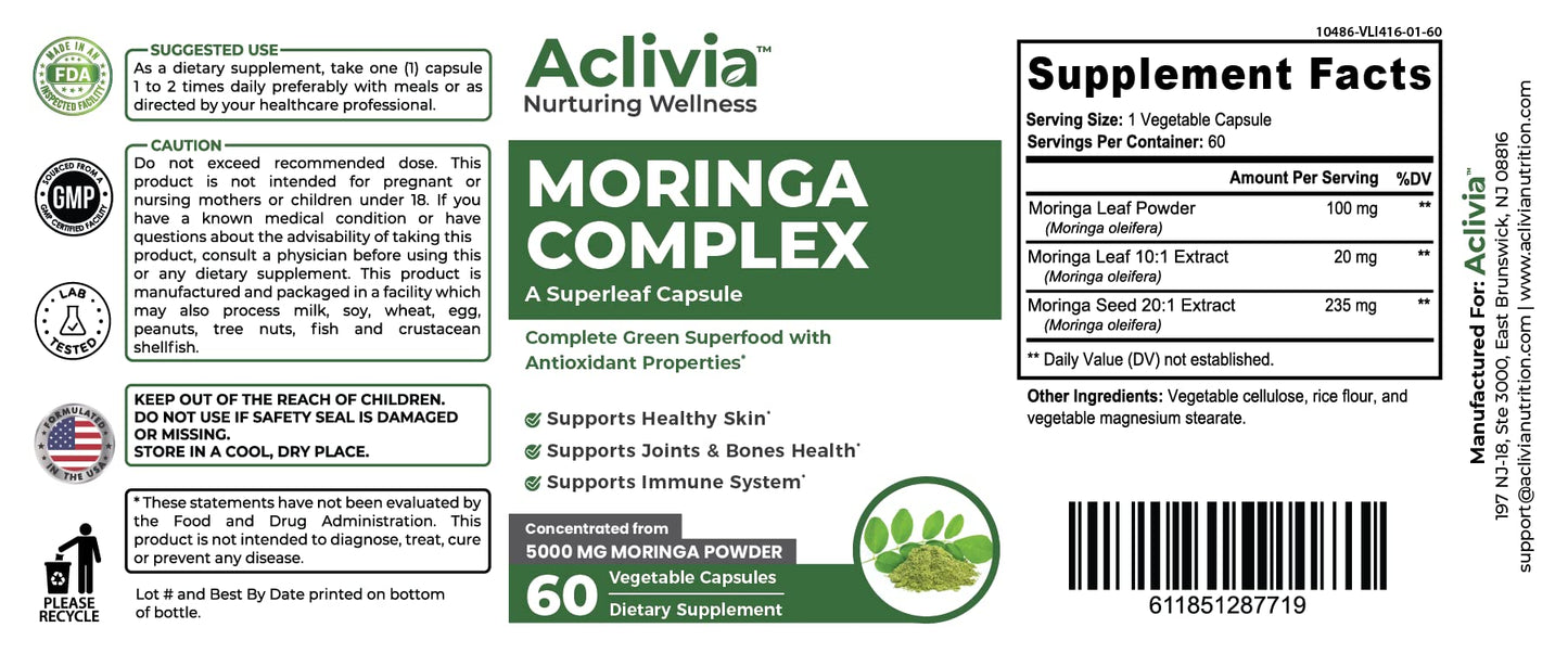 Aclivia - Moringa Complex - Maximum Strength Moringa Oleifera Leaf & Seed Supplement - Superfood Capsules with Antioxidant Properties - 5000mg - 60 Capsules - dailyvitalstore