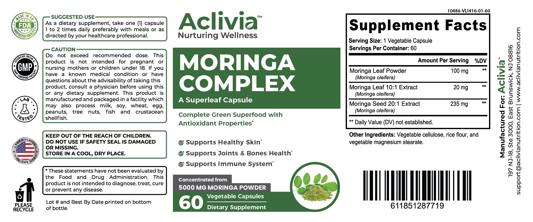 Aclivia - Moringa Complex - Maximum Strength Moringa Oleifera Leaf & Seed Supplement - Superfood Capsules with Antioxidant Properties - 5000mg - 60 Capsules - dailyvitalstore