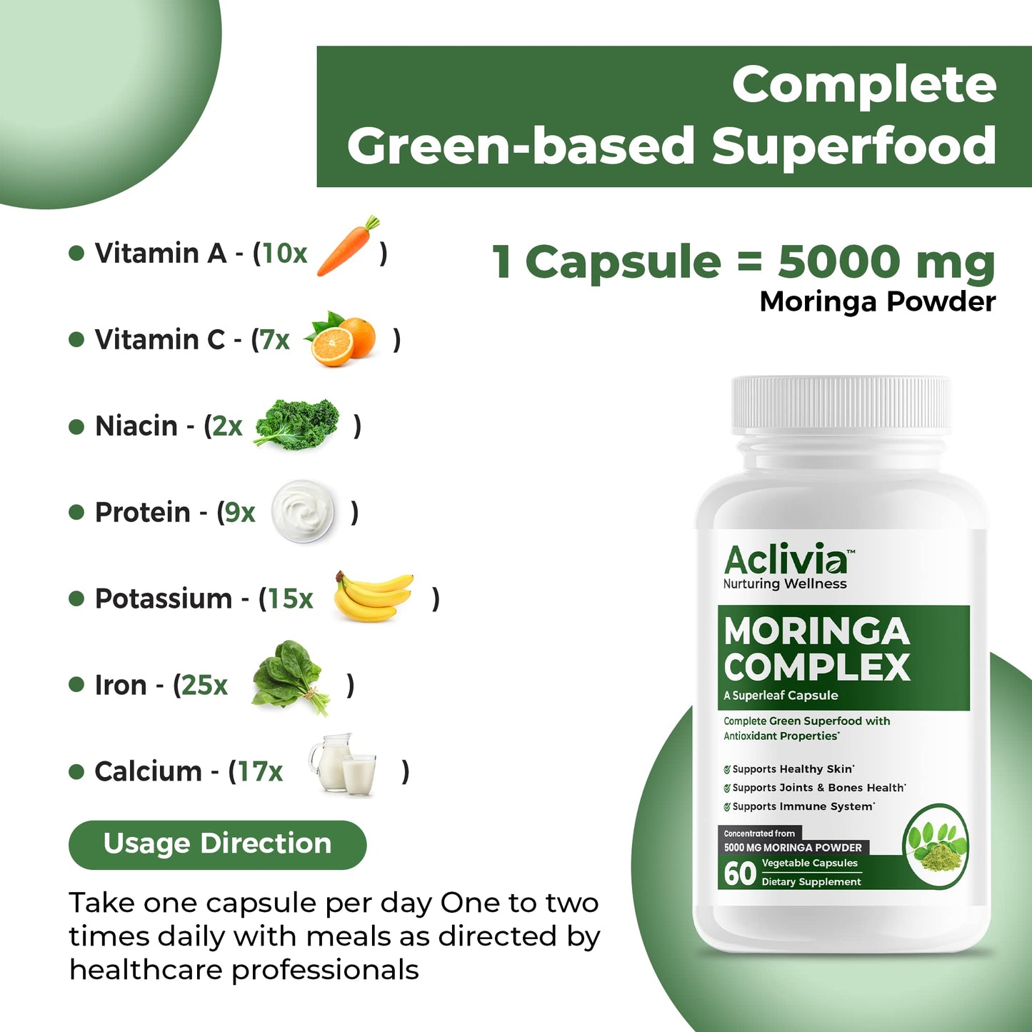 Aclivia - Moringa Complex - Maximum Strength Moringa Oleifera Leaf & Seed Supplement - Superfood Capsules with Antioxidant Properties - 5000mg - 60 Capsules - dailyvitalstore
