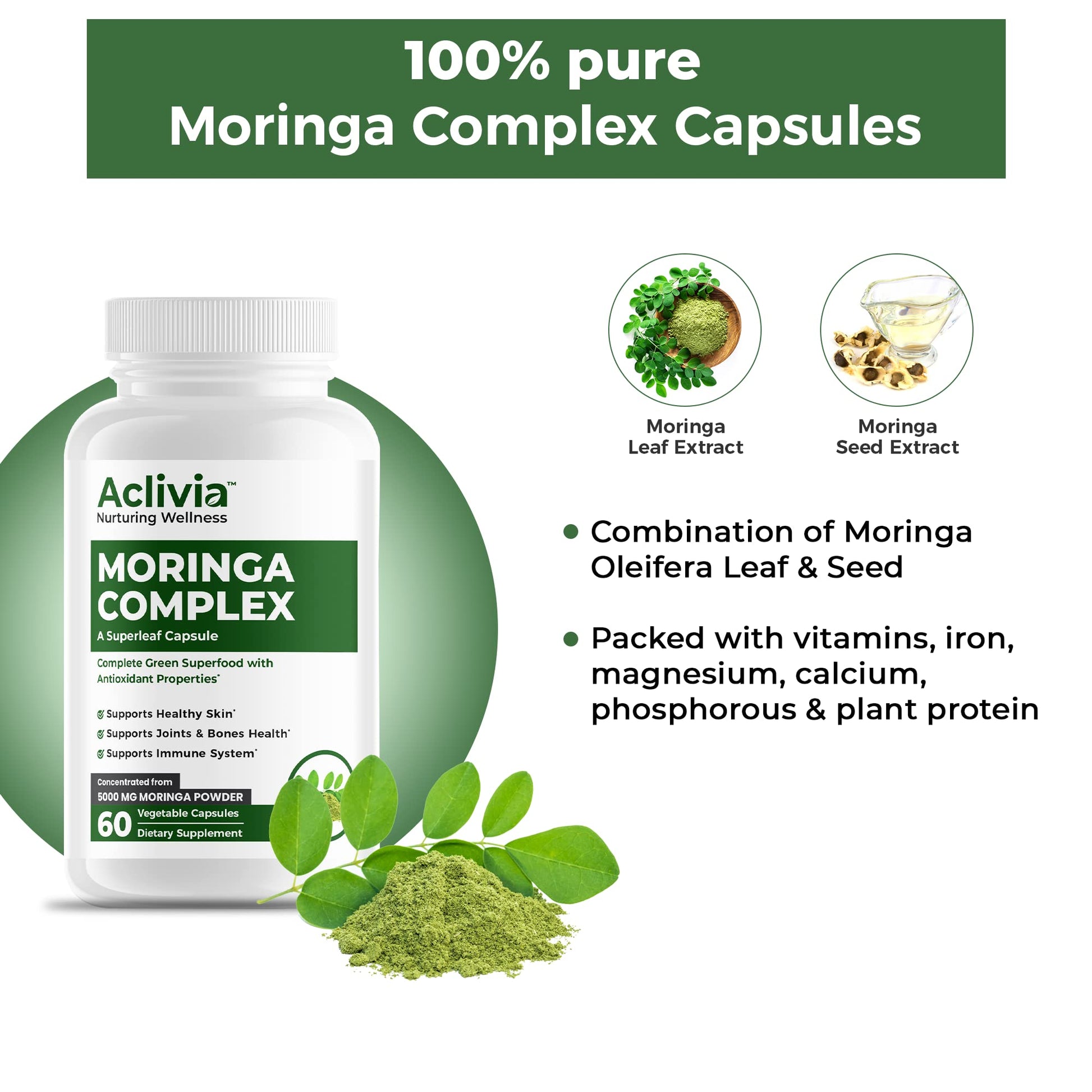 Aclivia - Moringa Complex - Maximum Strength Moringa Oleifera Leaf & Seed Supplement - Superfood Capsules with Antioxidant Properties - 5000mg - 60 Capsules - dailyvitalstore