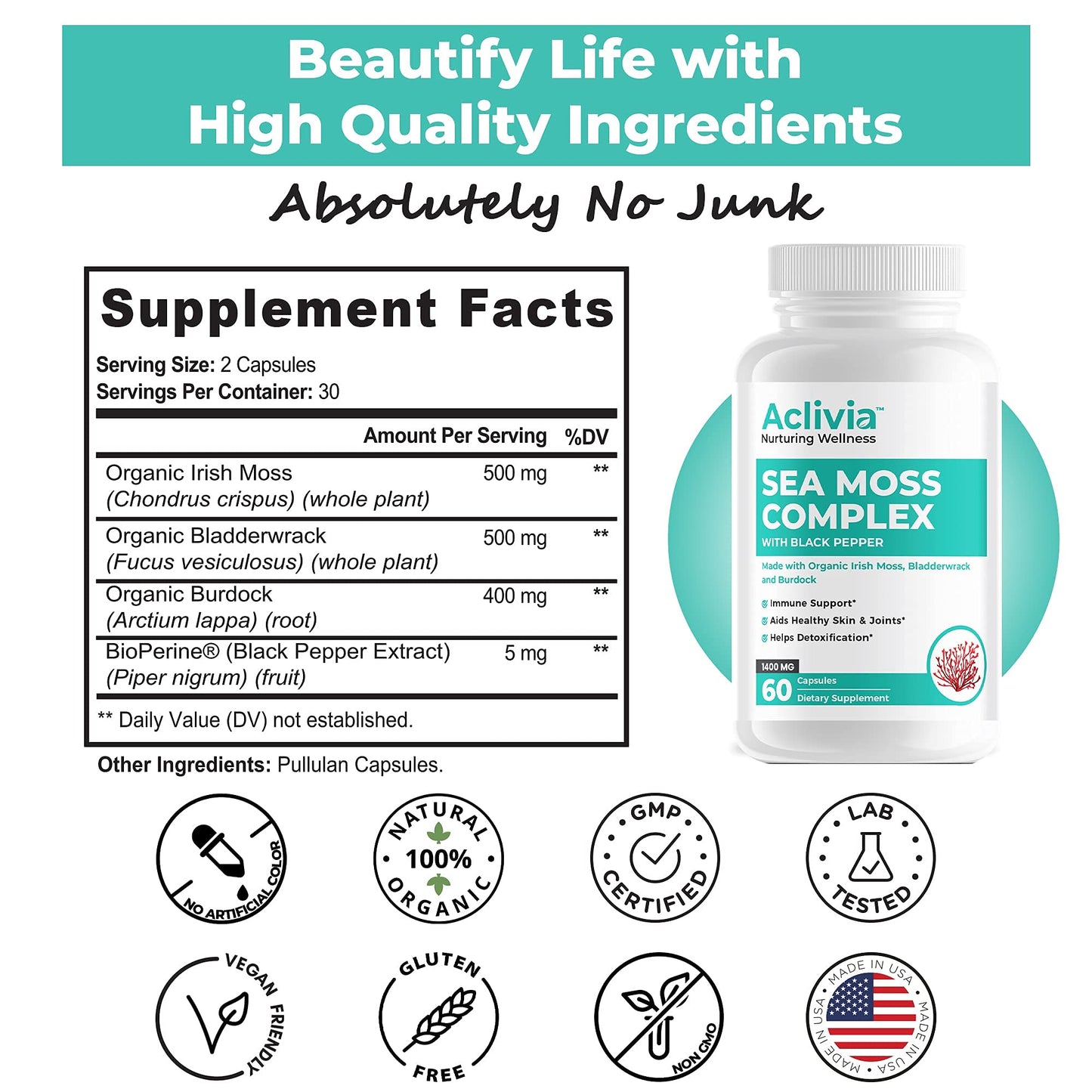Aclivia - Organic Irish Sea Moss Capsules with Bladderwrack & Burdock Root - 102 Minerals Sea Moss Supplement - Thyroid Support, Immune Boost - Non-GMO (60 Count) - dailyvitalstore