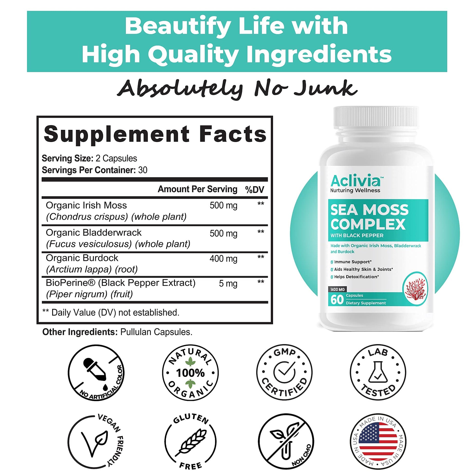 Aclivia - Organic Irish Sea Moss Capsules with Bladderwrack & Burdock Root - 102 Minerals Sea Moss Supplement - Thyroid Support, Immune Boost - Non-GMO (60 Count) - dailyvitalstore