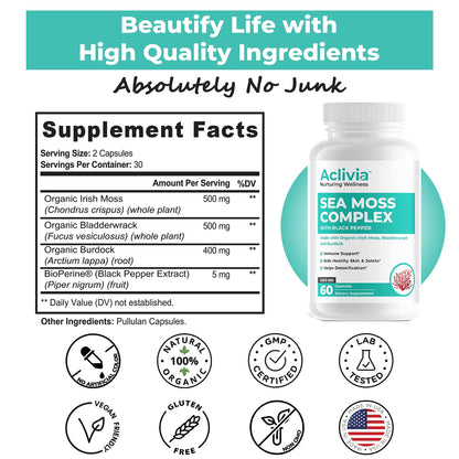 Aclivia - Organic Irish Sea Moss Capsules with Bladderwrack & Burdock Root - 102 Minerals Sea Moss Supplement - Thyroid Support, Immune Boost - Non-GMO (60 Count) - dailyvitalstore