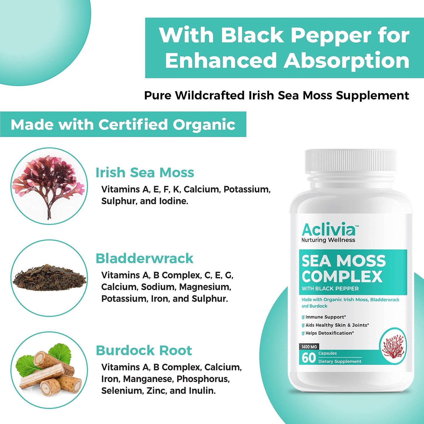 Aclivia - Organic Irish Sea Moss Capsules with Bladderwrack & Burdock Root - 102 Minerals Sea Moss Supplement - Thyroid Support, Immune Boost - Non-GMO (60 Count) - dailyvitalstore