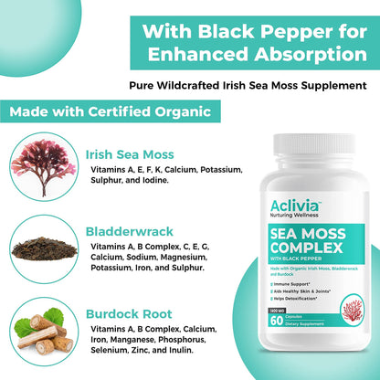 Aclivia - Organic Irish Sea Moss Capsules with Bladderwrack & Burdock Root - 102 Minerals Sea Moss Supplement - Thyroid Support, Immune Boost - Non-GMO (60 Count) - dailyvitalstore