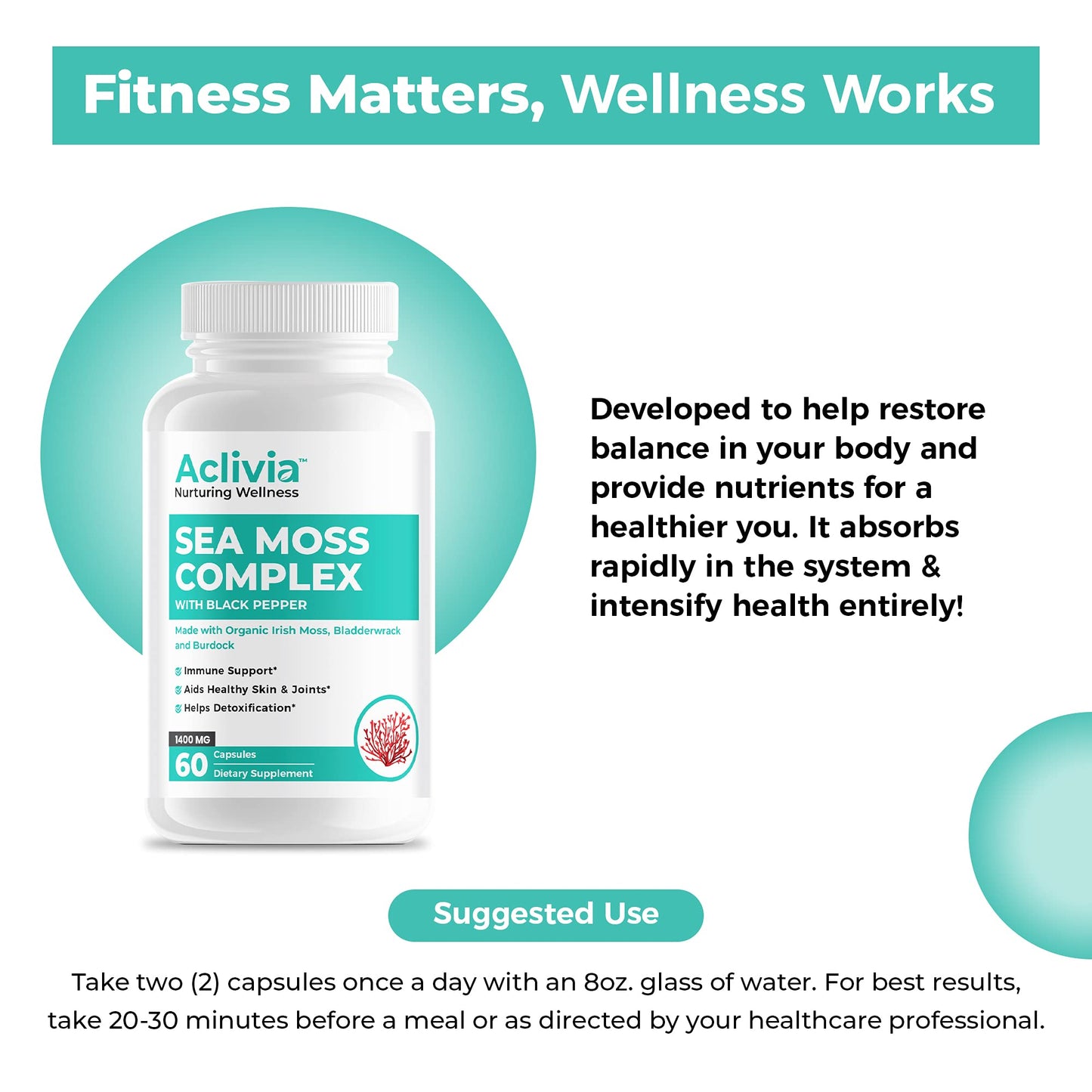 Aclivia - Organic Irish Sea Moss Capsules with Bladderwrack & Burdock Root - 102 Minerals Sea Moss Supplement - Thyroid Support, Immune Boost - Non-GMO (60 Count) - dailyvitalstore