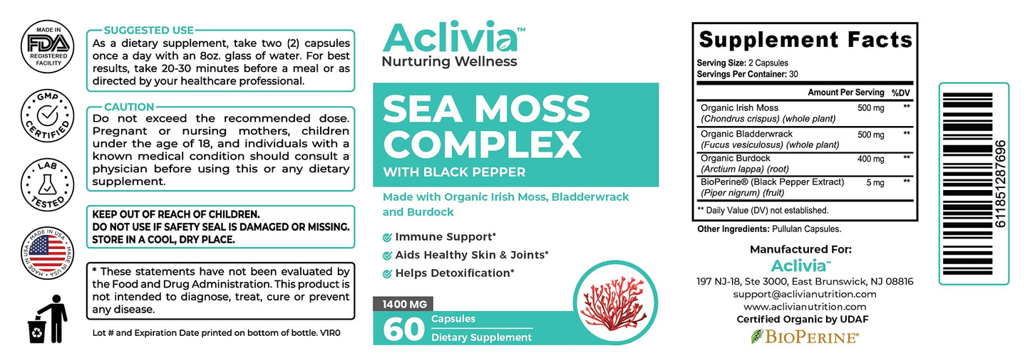 Aclivia - Organic Irish Sea Moss Capsules with Bladderwrack & Burdock Root - 102 Minerals Sea Moss Supplement - Thyroid Support, Immune Boost - Non-GMO (60 Count) - dailyvitalstore