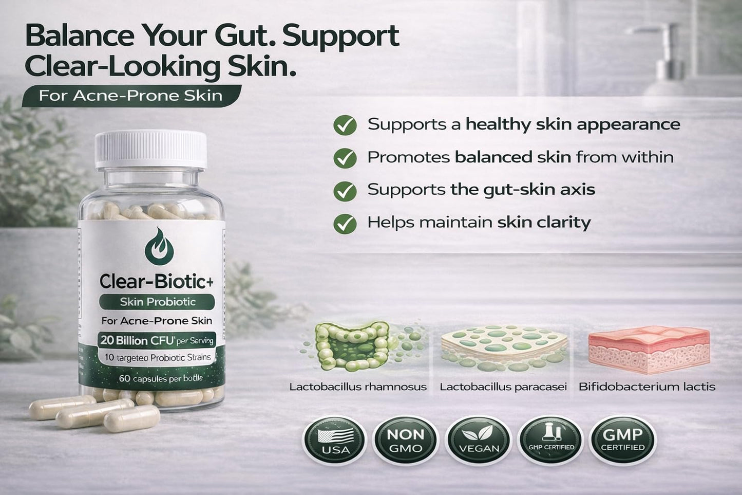 Acne Pills Probiotic Acne Supplements for Teens & Adults - Hormonal Acne Vitamins, Gut Health for Clear Skin, Non-GMO (60 Capsules) Gut Skin Axis - dailyvitalstore