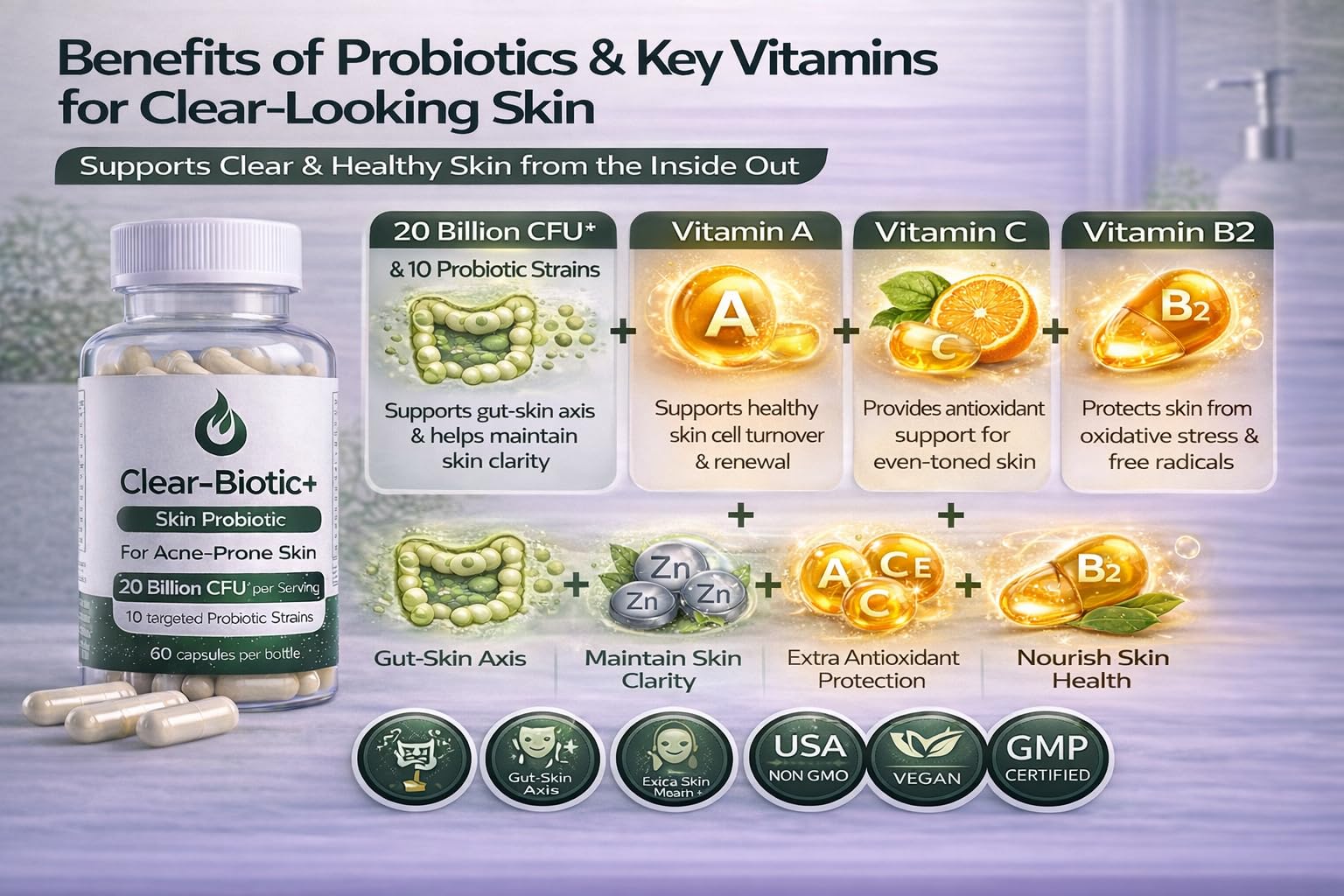 Acne Pills Probiotic Acne Supplements for Teens & Adults - Hormonal Acne Vitamins, Gut Health for Clear Skin, Non-GMO (60 Capsules) Gut Skin Axis - dailyvitalstore