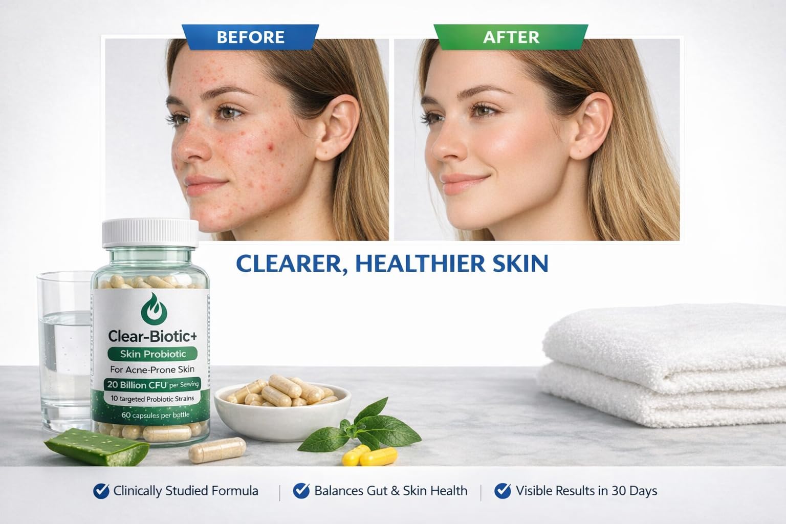Acne Pills Probiotic Acne Supplements for Teens & Adults - Hormonal Acne Vitamins, Gut Health for Clear Skin, Non-GMO (60 Capsules) Gut Skin Axis - dailyvitalstore