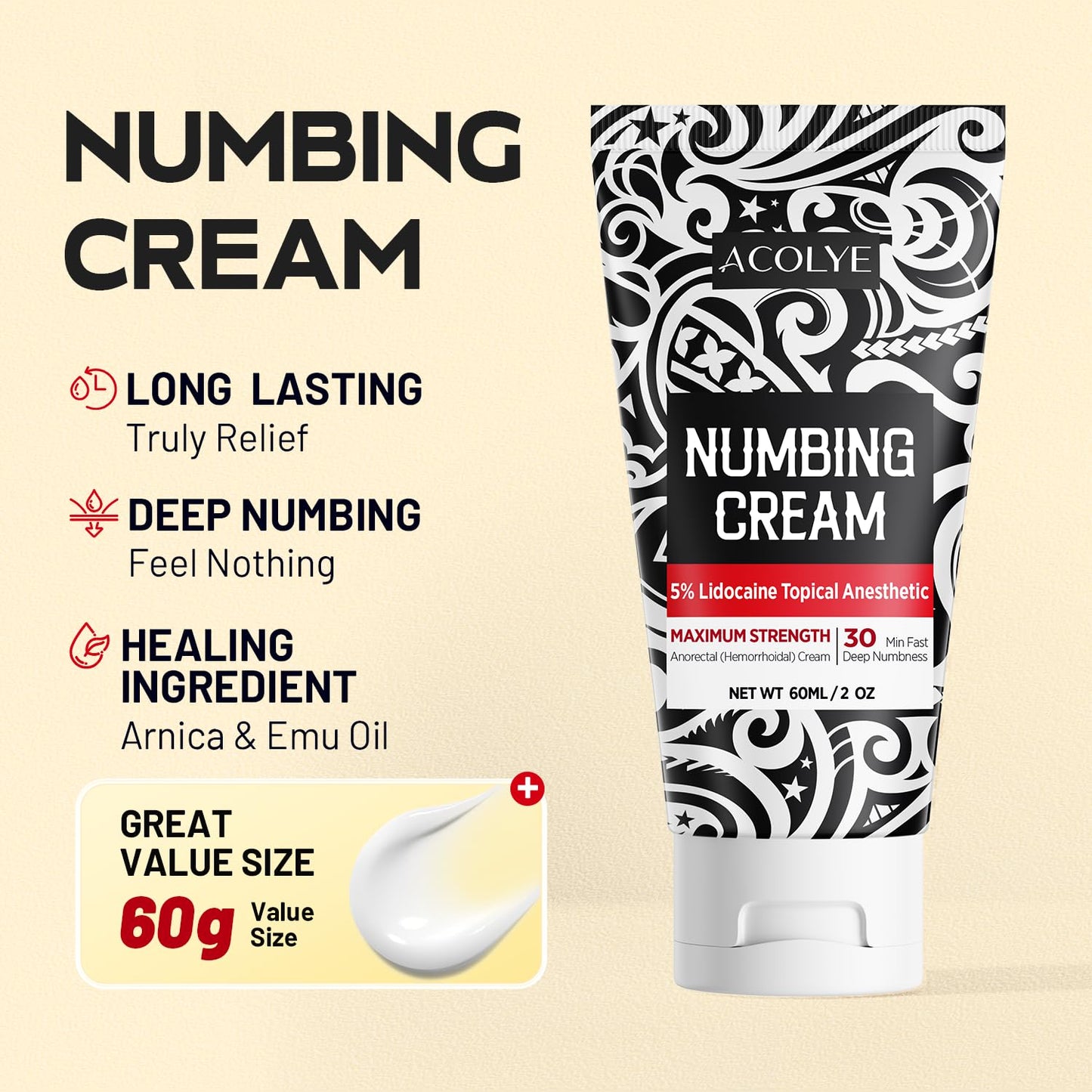Acolye Numbing Cream Maximum Strength : 5% Lidocaine Topical Anesthetic - Extra Strength 5X Numbing with Menthol Arnica and Emu Oi (2 Fl Oz, Mint Flavor) - dailyvitalstore