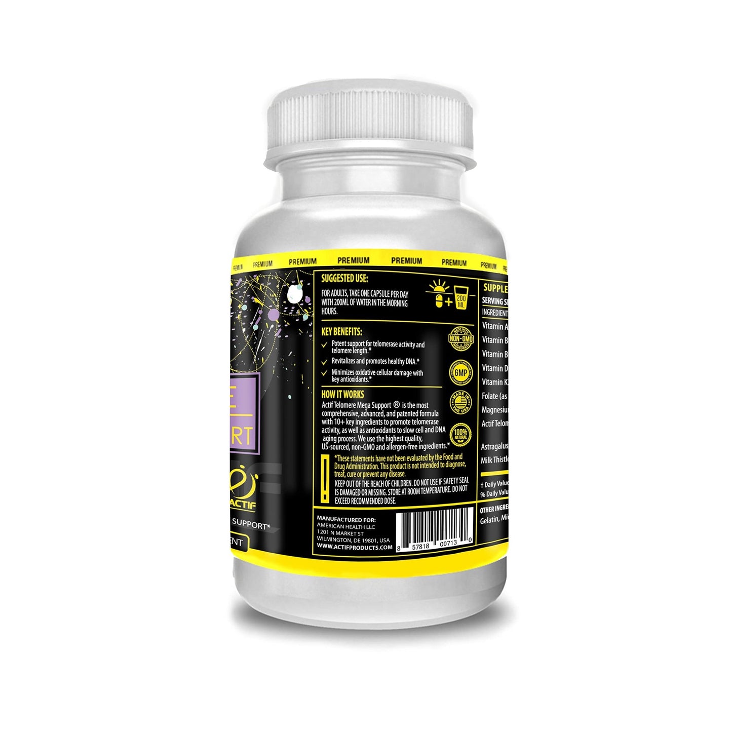 ACTIF Telomere Mega Support with 10+ Factors, Non-GMO, Telomerase and DNA Supplement for Energy, Memory and Anti-Aging, Made in USA, 60 Count - dailyvitalstore