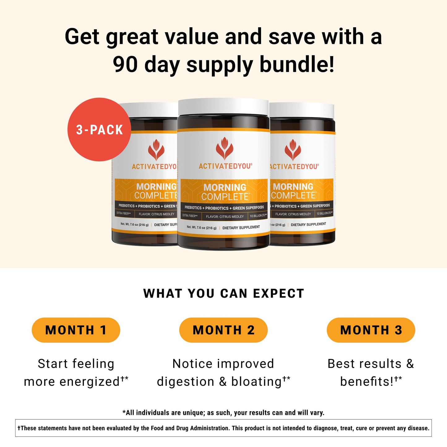 ACTIVATEDYOU Morning Complete Daily Wellness Greens Superfood Drink Mix for Gut Health w/Prebiotics, Probiotics, Antioxidants, Green Superfoods, 10 Billion CFUs (3 Pack, Citrus Medley) - dailyvitalstore